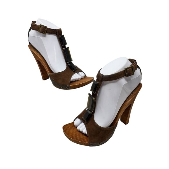 Beverly Feldman Cocoa‎ Suede Bejeweled T-Strap Wooden Sandals - Picture 9 of 11